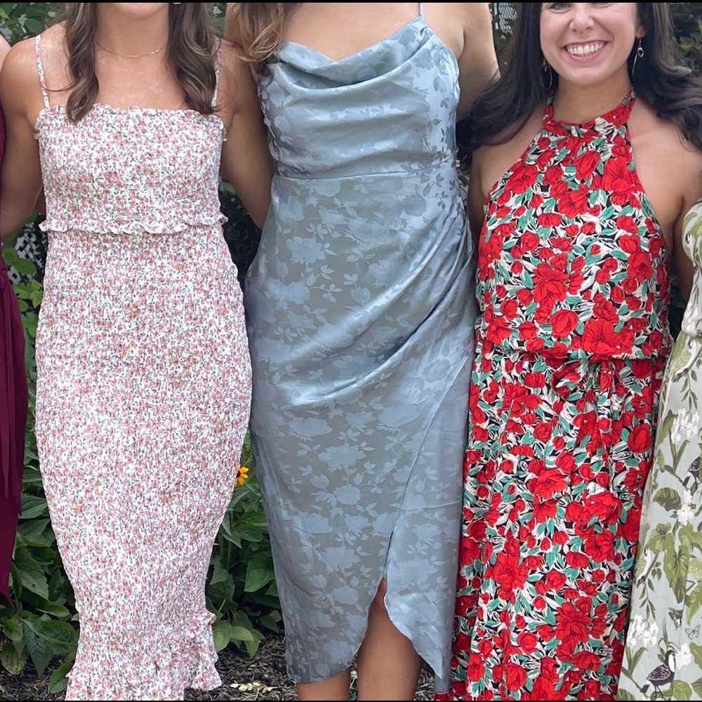 Blue satin floral jacquard midi dress